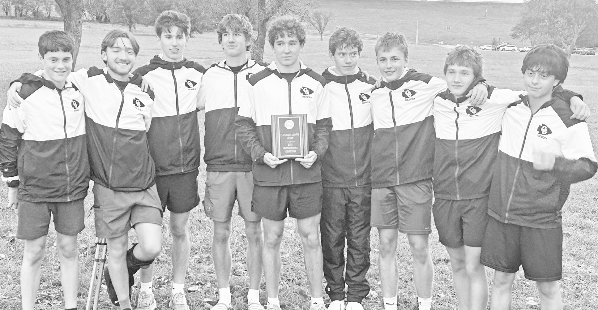 LEAGUE CHAMPIONS -- The team goal of winning the Flint Hills League boys cross county championship was accomplished Thursday by the Council Grove Braves team. Pictured from the left are: Aaron Crotts, Daniel Most, Hayden Horton, Brody Nelson, Jadyn Picolet, Carter Bremer, Brayden Jarvis, Nick Most and Jaidyn Gomez. (Photo by Joshua Gant)