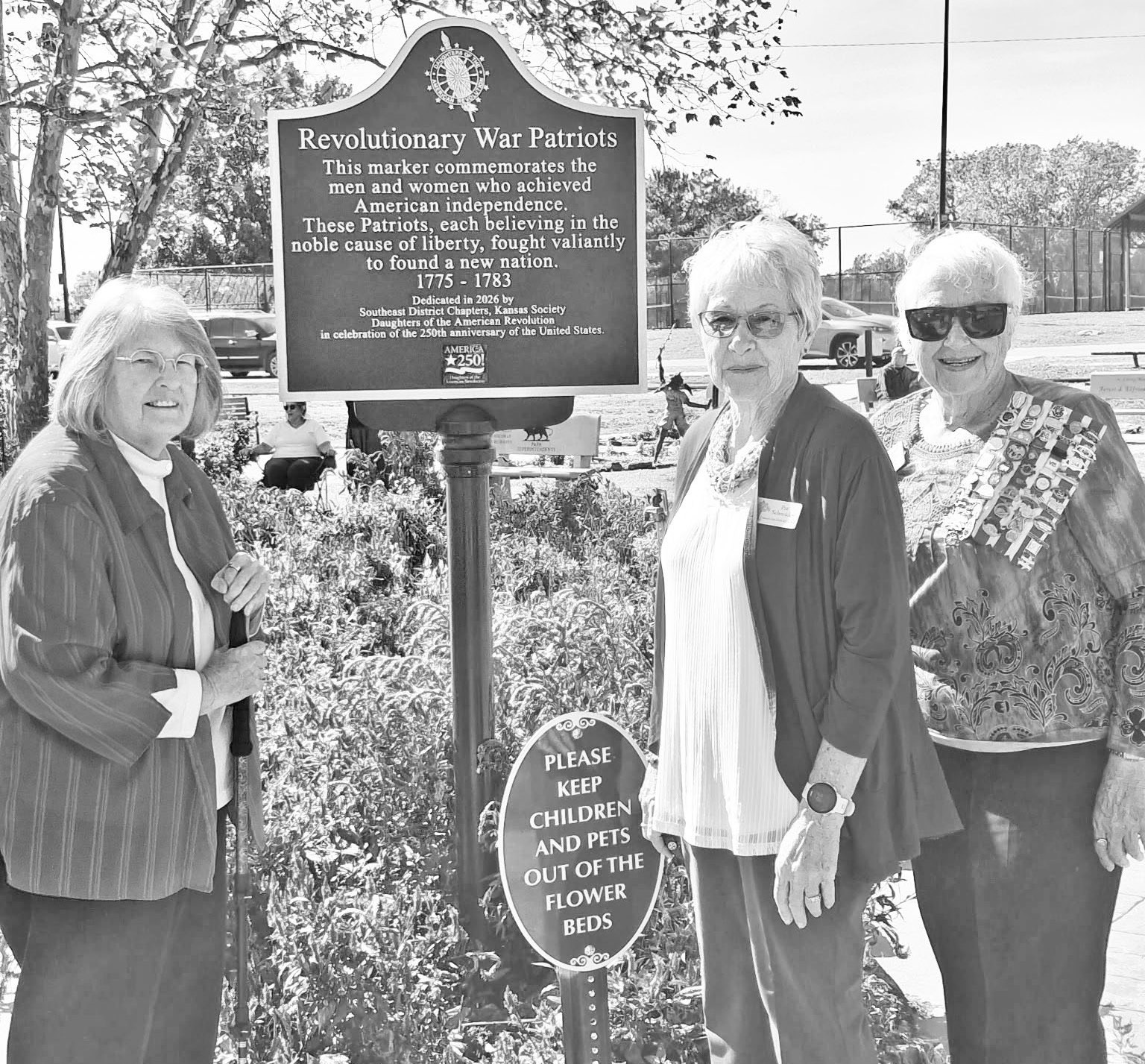 The 10th Kansas plaque to celebrate America 250! was dedicated on Saturday, October 24 in Independence, KS. This is in the southeast District of the Kansas Society Daughters of the American Revolution of which Council Oak chapter is a member. Members attending (left to right) Jan Koepke, Pat Schneider and Colleen Anderson, (Southeast District Director). The chapter made a monetary contribution to this plaque.