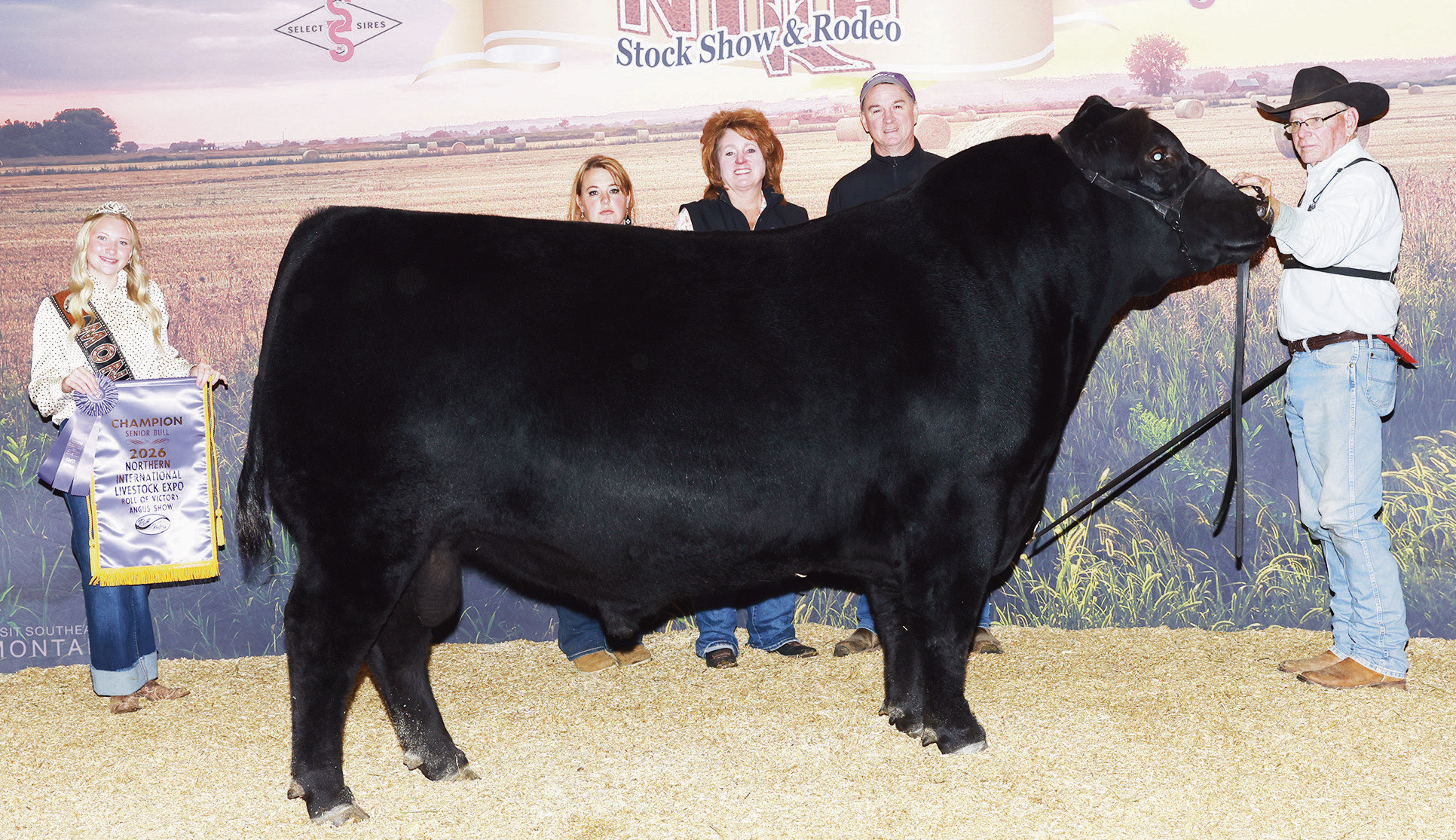 Sankeys Trailblazer 415 won senior champion bull at the 2026 Northern International Livestock Exposition (NILE) Roll of Victory (ROV) Angus Show, October 16 in Billings, Mont. Chris (pictured right) and Sharon Sankey, Council Grove, and Sydney Rylaarsdam-Schoo, Grangeville, Idaho, own the winning bull. (Photos by Next Level Images)