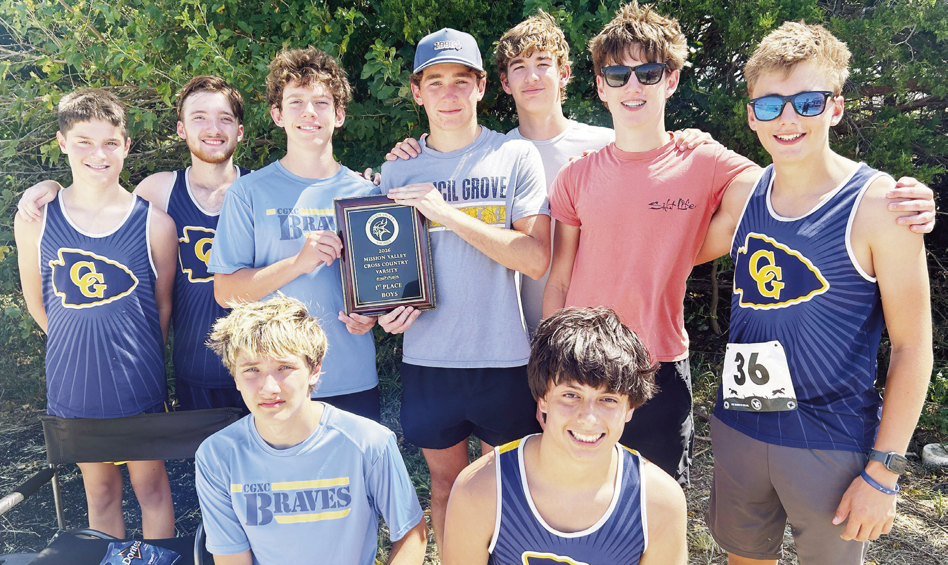 The Braves Cross Country boys team finished first Thursday at the Mission Valley Invitational. Pictured are front row (L to R): Nick Most and Jaidyn Gomez; back row: Aaron Crotts, Daniel Most, Carter Bremer, Jadyn Picolet, Brody Nelson, Hayden Horton and Brayden Jarvis.