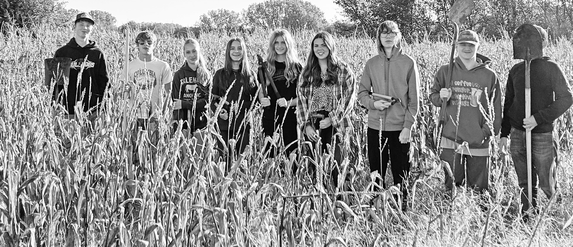 PREPARING FOR HALLOWEEN EVENT -- This year’s Intro to Ag students are preparing the maze for The A-Maiz-Ing Corn Maze event on Oct. 31. Pictured left to right are: Dax Maddox, Corbin Moss, Clara Patterson, Bella Mushrush, Lydia Rains, Jacelyn Johnson, Jaeger Vandegrift, Jake Bailes and Paul Weber