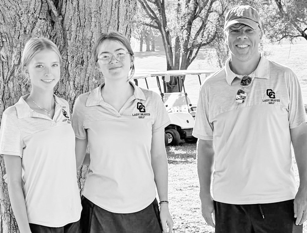 Council Grove Lady Braves Caidence Davis (middle) and Madison Forge (left) placed 3rd in the Maur Hill Junior Varsity Invitational Golf Tournament In Atchison on Wednesday, October 7. They are pictured with Assistant Coach Ben Jarchow.