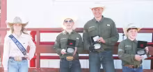 The youth ranch team of C5T took first place at Sunday’s ranch rodeo, sponsored by the Morris County Youth Rodeo Association. Pictured left to right are Miss Morris County Youth Rodeo Queen Macey Bolen, Tip Cloud, Luke Goin and Trace Cloud, all brothers.