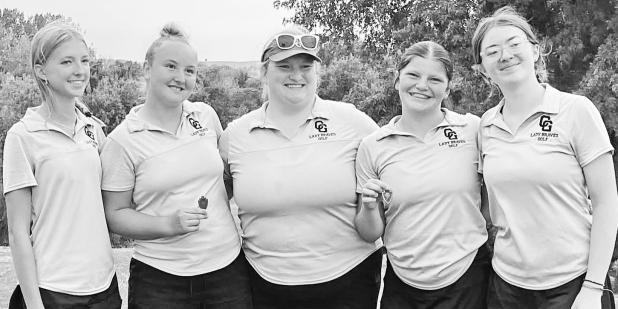 The Lady Braves golf team is pictured on Friday, after enjoying their success at the Council Grove Invitational. Pictured left to right are: Madison Forge, Desiree Bachura, Emily Teter, Morgan Romme and Caidence Davis.