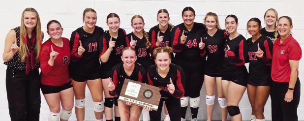 The Chase County Lady Bulldogs celebrate their Class 2A sub-state volleyball championship. Their next stop is Tony’s Pizza Events Center, in Salina where they will begin competing on Friday. #3 Inman is their first opponent at 10 a.m. Back row, from left, are Kaylee Seibert, Vonda Danford, Bella Murphy, Ava Wilson, Annette Neff, Cora Kohlmeier, Nora Lincon, Lydia Rains, Marcela Lucero Bruzon, Mena Lincoln, Ava Matile and LeAnn Hansford. Front row are Natalie Neff and Lynnae Rains.