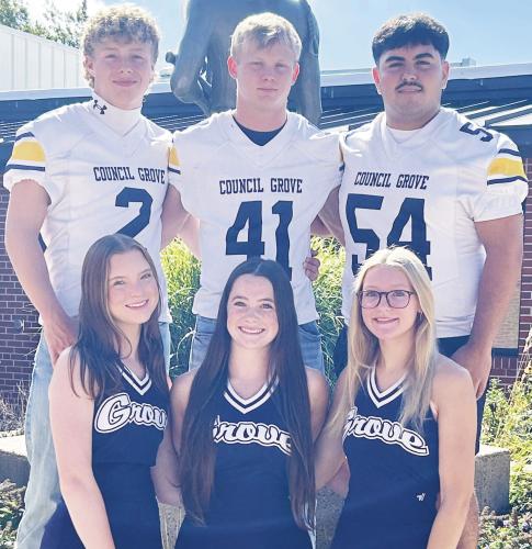 BRAVES’ HOMECOMING QUEEN, KING CANDIDATES -- Council Grove High School’s Fall Homecoming senior queen and king candidates are: Back Row (L to R) - Luke Stewart, Bradley Doornbos and Leo Salas Betancourt; Front Row: Riley Forge, Capri Gant and Grace French. Homecoming is this Friday, with the coronation ceremony scheduled at 6:40 p.m., prior to the Braves football game against West Franklin. (Photo by Shelly Eslinger)