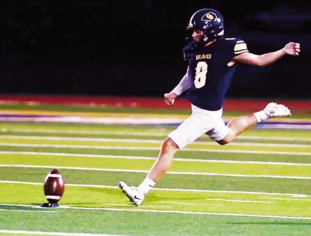 Braves kicker Carter Bremer converted 8 out of 9 extra-point attempts during Friday nights season opener against Mission Valley. Bremer’s eight PATs were one short of the school single-game record of nine. (Photo by Brandy Villalobos)