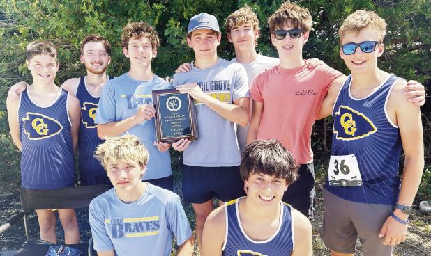 The Braves Cross Country boys team finished first Thursday at the Mission Valley Invitational. Pictured are front row (L to R): Nick Most and Jaidyn Gomez; back row: Aaron Crotts, Daniel Most, Carter Bremer, Jadyn Picolet, Brody Nelson, Hayden Horton and Brayden Jarvis.