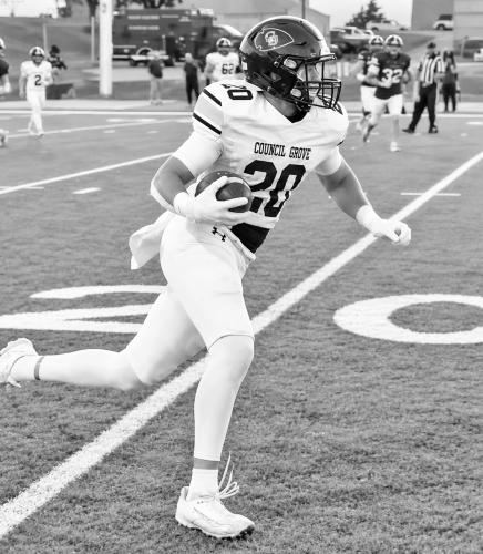 Council Grove Braves Grady Kepley #20 led the receiving corps at Friday night’s game at Southeast of Saline with eight catches for 124 yards, including a critical fourth-down reception.
