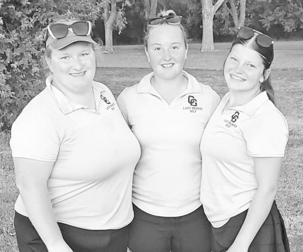 Council Grove Lady Braves golfers recorded personal-best scores at the Rossville meet Thursday, Oct. 8. Desiree (Desi) Bachura took first place with a score of 37, while Morgan Romme finished 10th with a 45 and Emily Teter placed 13th with a 47. Pictured from left are Teter, Bachura and Romme.