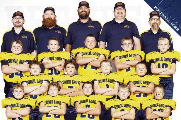 The 5th Grade Council Grove Youth Football team photo has been released. pictured from left to right are back row: Jeffrey Kratzer, Justin Fuqua, Ben Jarvis, Tanner Messer, Andrew Steele, (coach not pictured, James Blue); 3rd row: Kiptyn Platz, Landon Mayhill, Benjamin Blue, McCoy Stiffler and Brody Jarvis; 2nd row: Odynn Beamer, Stockton Tiffany, Kannon Gearhart and Ronald Kopf; front row: Colton Messer, Ott Tobisch, Izaiah Clark, Benjamin Fuqua and Kade Shearer. (Photo by Sister Act Photography)