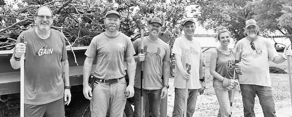 The Council Grove Rotary Club cleaned debris from the Kit Carson site on Friday, July 18. Those assisting with cleanup were (l to r) Troy Engle, Taylor Adams, Trent Siegle, Chuck Goeckel, Monical Simecka and Lucas Cosgrove. Not pictured, but present to he