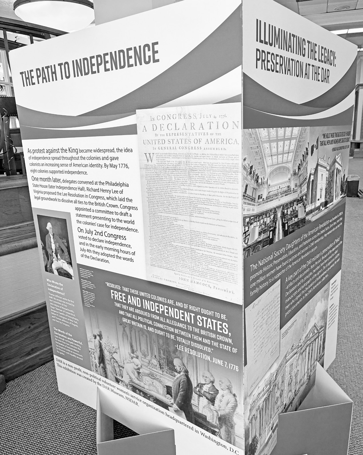 The Council Oak Daughters of the American Revolution is displaying this poster and signage through the July 4 holiday at Farmers &amp; Drovers Bank. It is planned to travel to other locations in the future. The posters promote American Revolution documents as well as the daughters of the American Revolution complex in Washington DC.