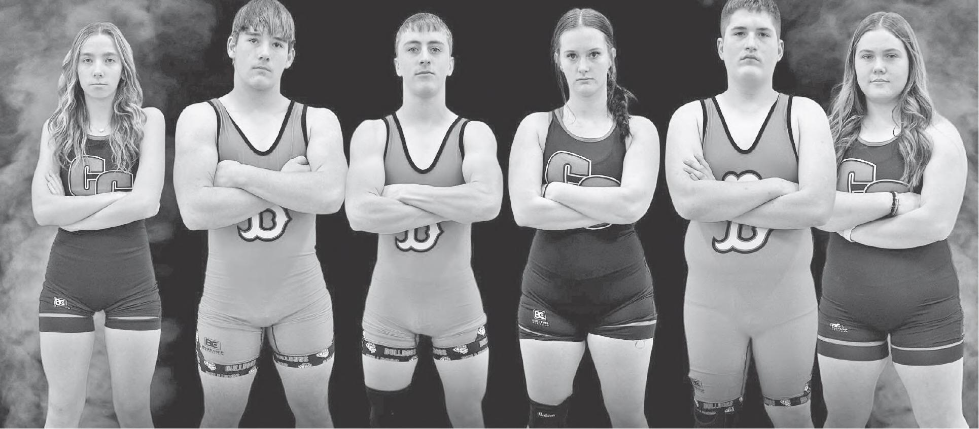 EXCELLING .. . The Chase County Bulldog wrestling team took honors at the Charles McMillen Tournament in Herington Saturday. From left to right are Alexys Miller, Austin Andersen, Luke Budke, Lexi Taylor, Jack Dold and Vonda Danford.