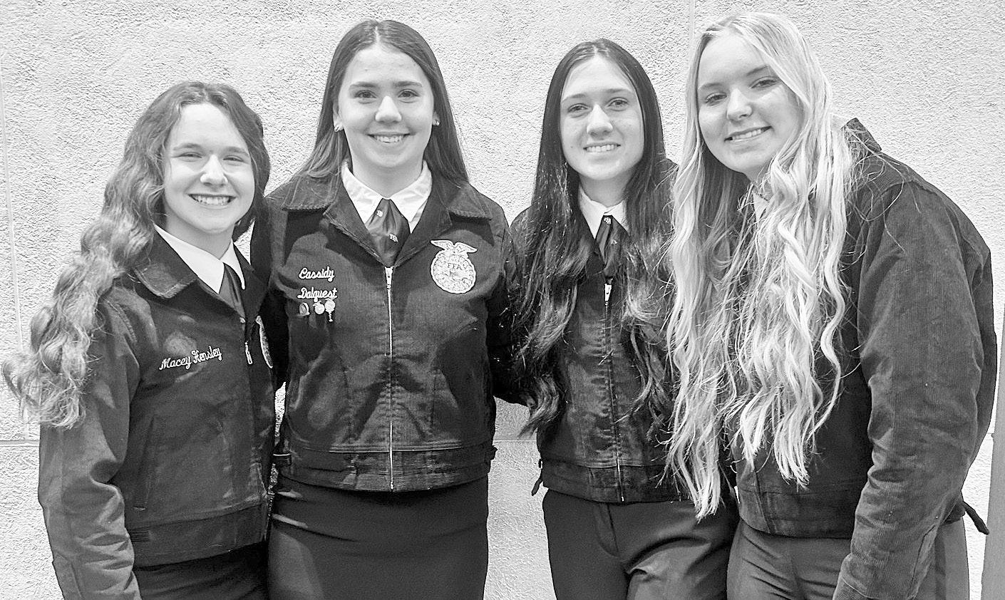 EXCELLING . . .On Wednesday, four Council Grove FFA members participated in the East Central District Speech Contest at Johnson County Community College in Overland Park. Next stop: state competition. Pictured left to right are Macey Hensley, Cassidy Dalq