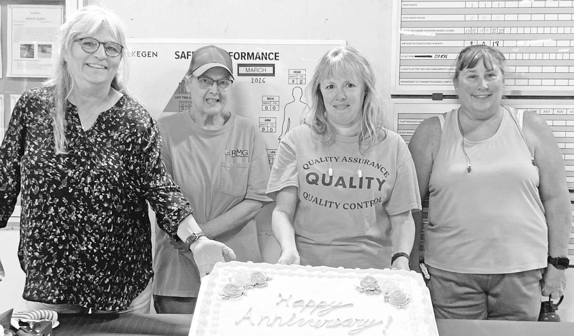 Alkegen celebrated anniversaries recently of those who have been employed here for 40 + years. Pictured left to right are Tammy White (40 years), Brenda Lange (45 years), Connie Waters (41 years), and Karen Fleming (41 years). Their combine service totals