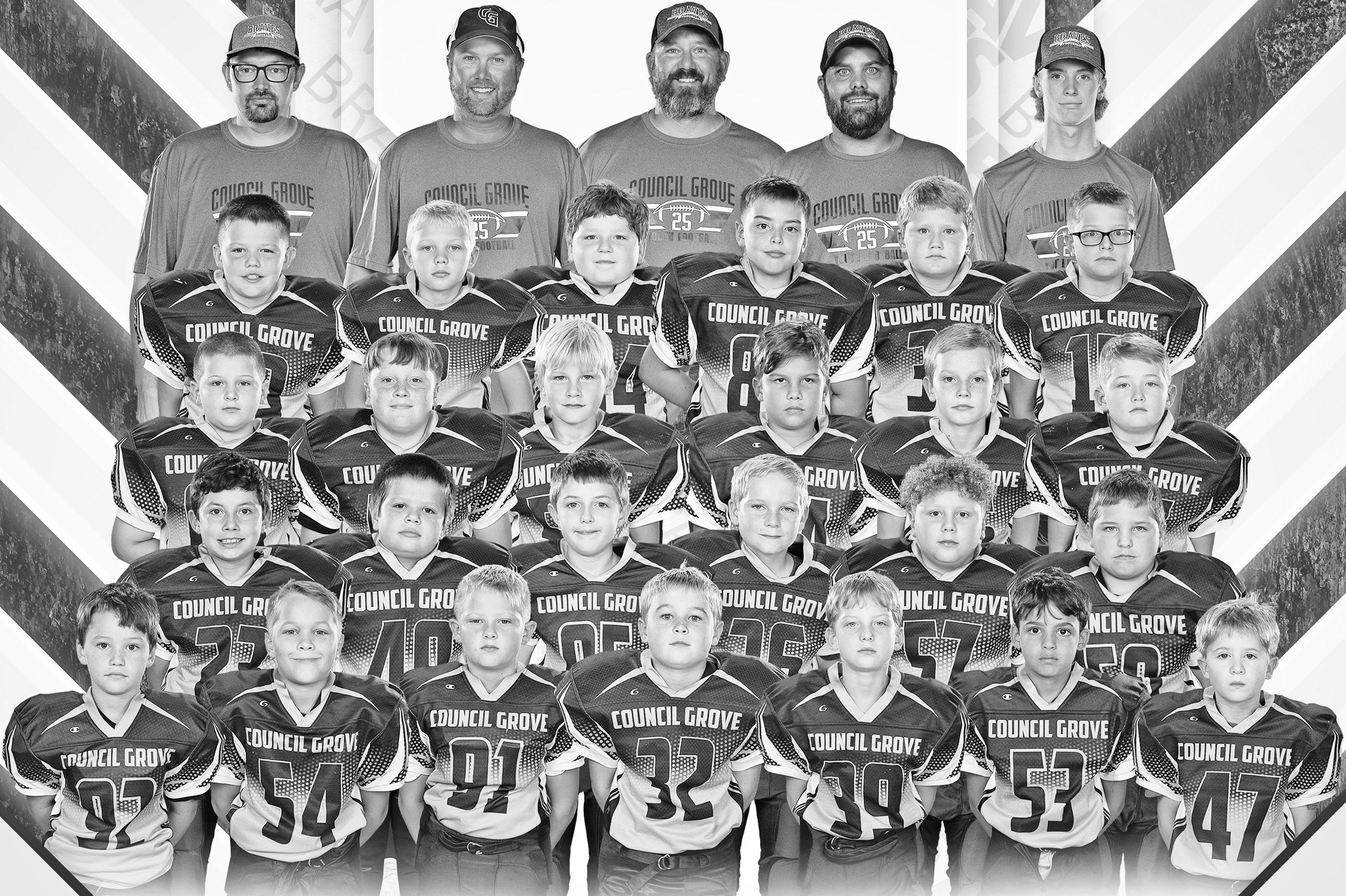 THIRD/FOURTH GRADE YOUTH FOOTBALL -- Members and coaches of the third and fourth grade youth football team are - Front Row (L to R): Jett Julian, Kade Shearer, Ethan McDonald, Colton Messer, Jace Forge, Elijah Cosgrove and Thorin Sherwood; Second Row: Rud