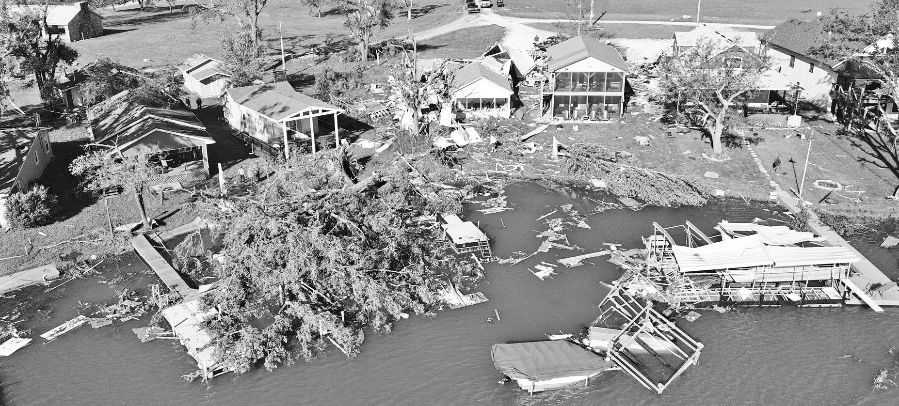 70 years after Lake Kahola had been hit by a tornado, the lake was hit again on Thursday, April 23, 2026. The EF-1 tornado, packed with winds estimated at 110 mph, caused a narrow path of mighty destruction. The aerial view of cabins and docks shows some 