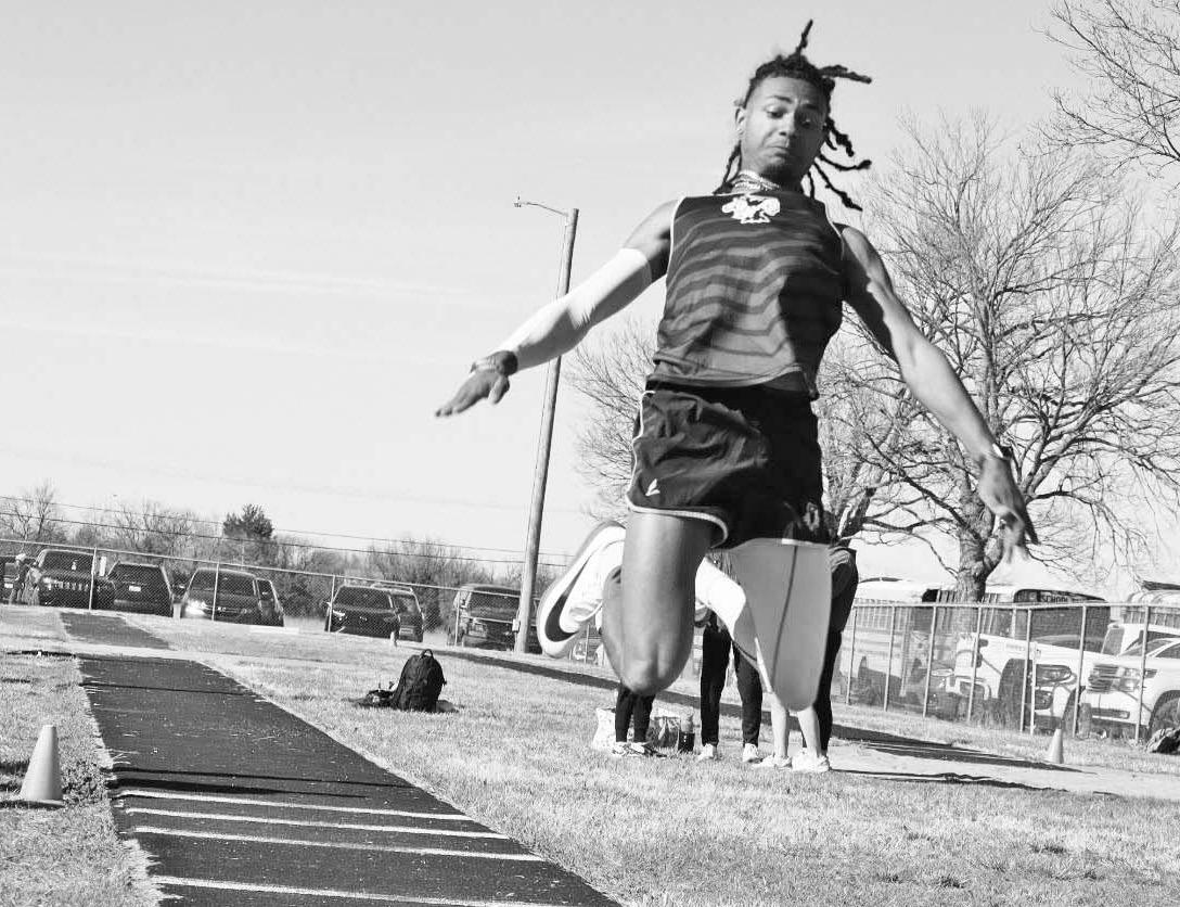 CGHS Braves Junior Syied Smith-Jenkins (above) placed third in both the long jump (17-8.5) and triple jump (39-3) at the Wabaunsee Invitational on Friday. (Photo by Breckyn McEuen)