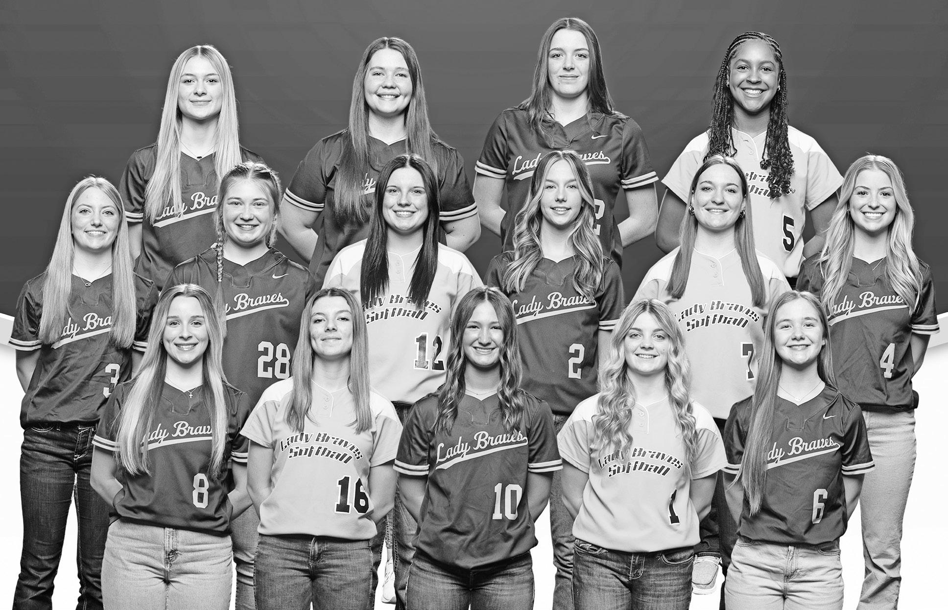 LADY BRAVES, 9-15, SEEDED 4TH -- Front Row (L to R) - Macelyn Taylor, Mariah Elstun, Neenah Hestermann, Shanyn Miller and Jaylnn Glacken. Middle Row: Baylee Blosser, Lilly Wirts, Kaedyn Litke, Brooklyn Wangerin, Faith Blosser and Marlee Gant. Back Row: Je