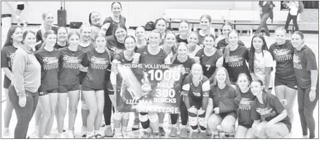 RECORD NIGHT FOR BLACKLEDGE -- The Council Grove High School Lady Braves volleyball team celebrated a win against Peabody Thursday, and Lilliana Blackledge’s record night of accomplishing her 1000th career kill and over 300 career blocks. Pictured are -