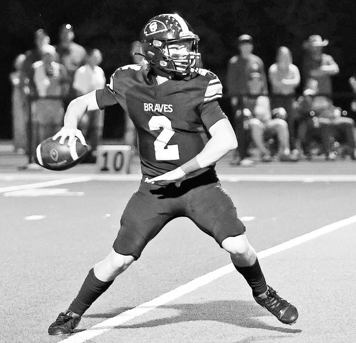 BACK AFTER INJURY -- It was good to see Council Grove Braves quarterback Luke Stewart back in action Friday night, after being sidelined for weeks with a shoulder injury. (Photo by Brandy Villalobos)