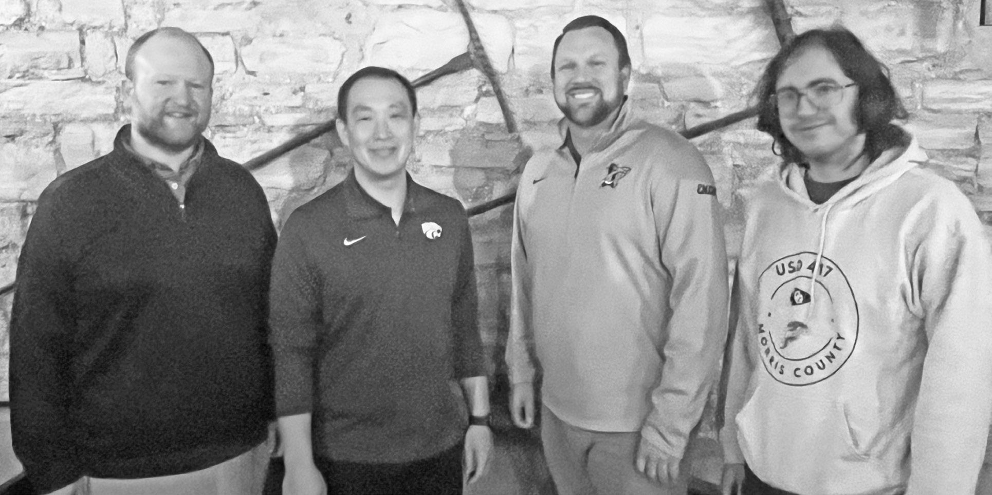 Rotarians were treated to hearing about K-State bands on Wednesday from Dr. Alex Wimmer, new Director of Bands and Director of the Marching Band. Pictured (l to r) are: Rotarian Cody Catlin, Dr. Alex Wimmer, Rotarian Ryan Moss who arranged for the speaker