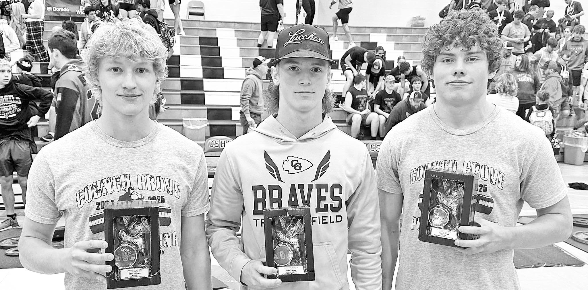 1ST PLACE WINNERS . . . Blaise French, Colton Elsen and Landon Dody placed 1st in their powerlifting categories at the Conway Springs event on Saturday. (Photo: Matt Wilkens)