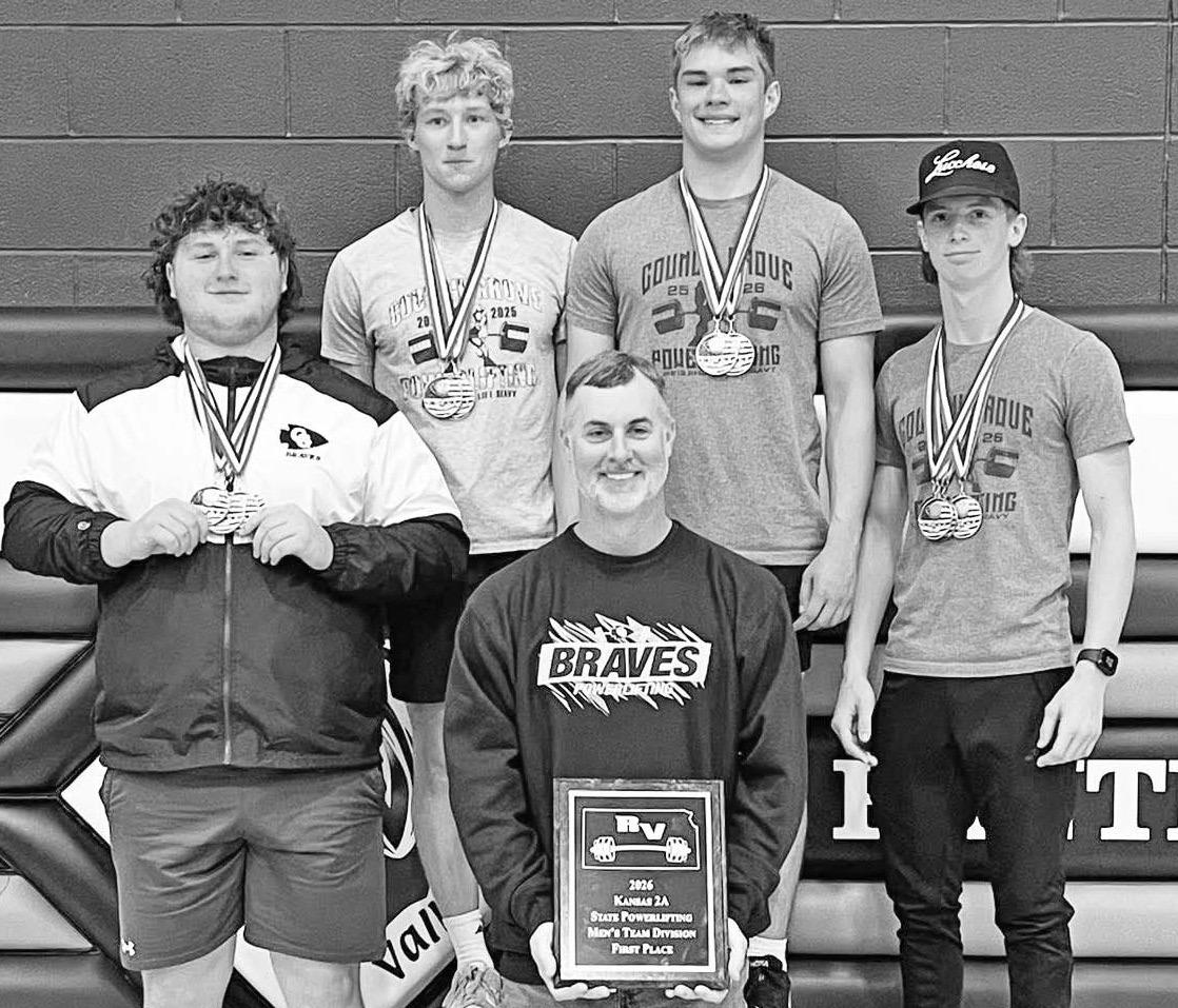 STATE CHAMPS -- Coach Matt Wilkens (front row center) is pictured with the powerlifting team’s four state champions. The champs (l to r) are Gunner Gleason, Blaise French, Kayden Hewitt and Colton Elsen. (Photo by Kendra Elsen)