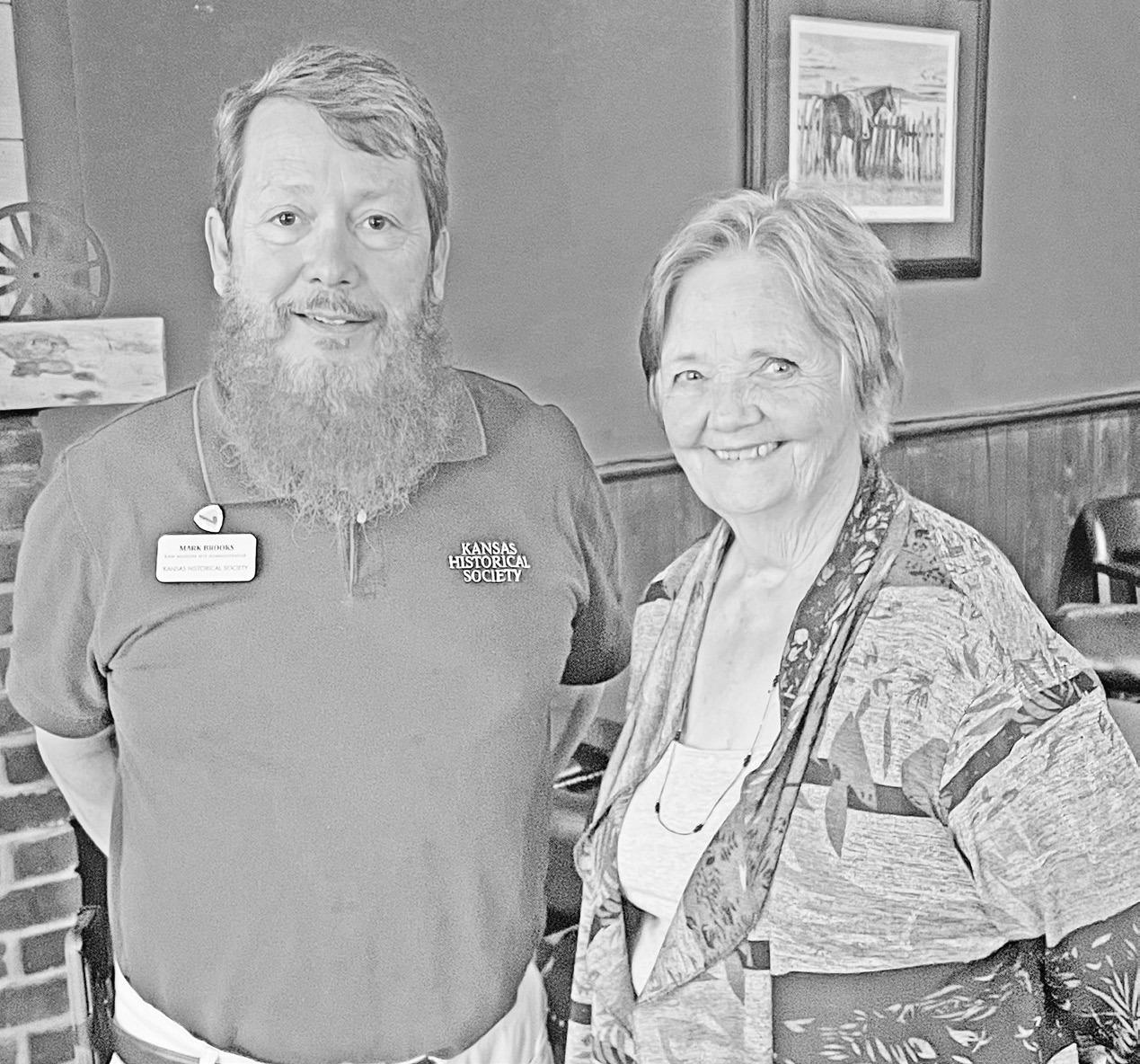 Mark Brooks, left and aka Seth Hays, arranged for Sharon Haun to speak to the Council Grove Rotary Club Wednesday. Haun has been involved with Voices of the Wind People since its inception in 1992. She spoke of the changes during the years and commented w