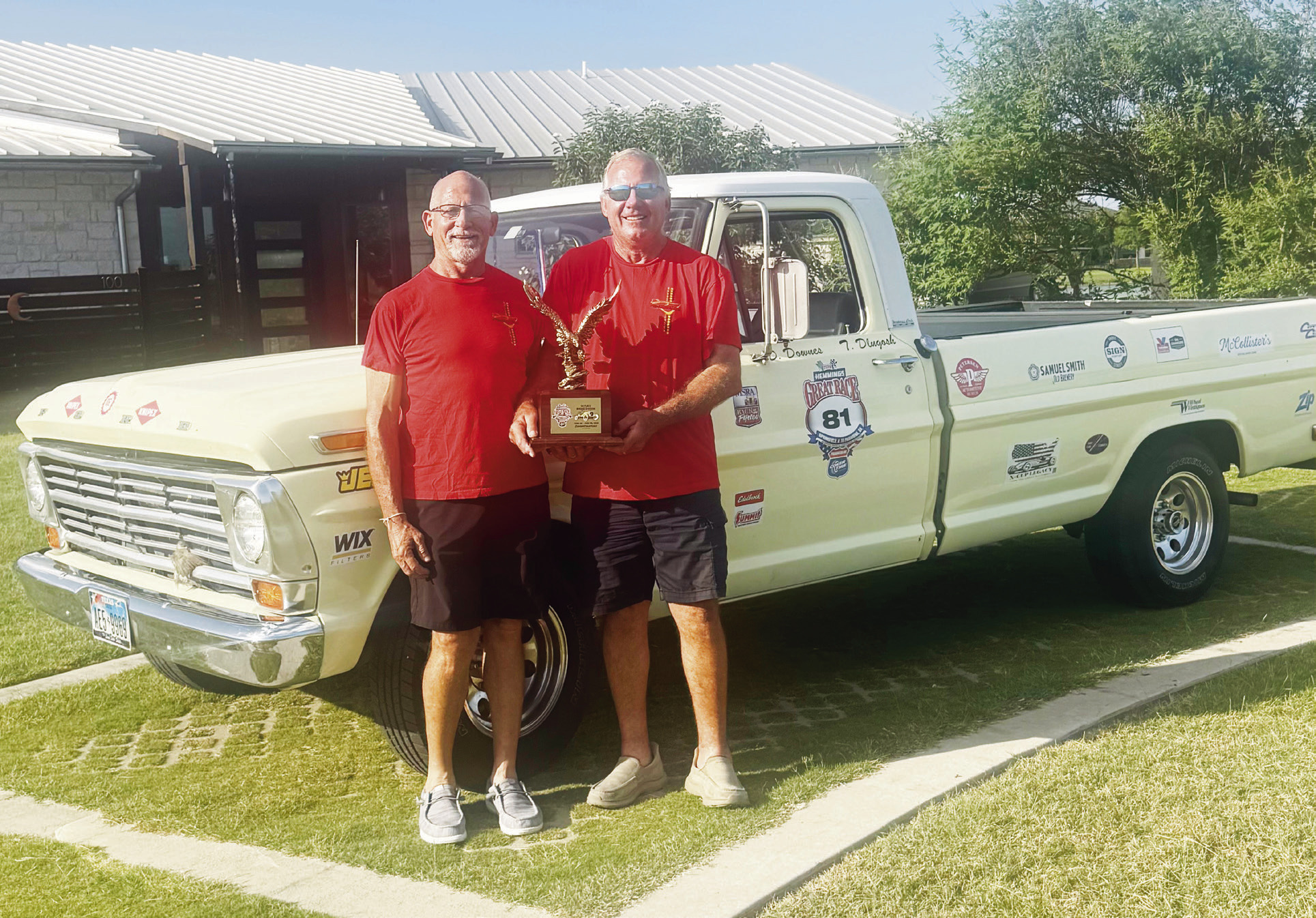Dennis Downes, (left) formerly of Council Grove, is pictured with his friend Terry Dlugosh. They won the Rookie Division of the 2026 Hemmings Great Race in their 1968 Ford Pickup, which was not equipped with air conditioning. The race was 2300+ miles and took 9 days. (In an earlier article, before we received the photo, we reported the vehicle as being from 1956.)