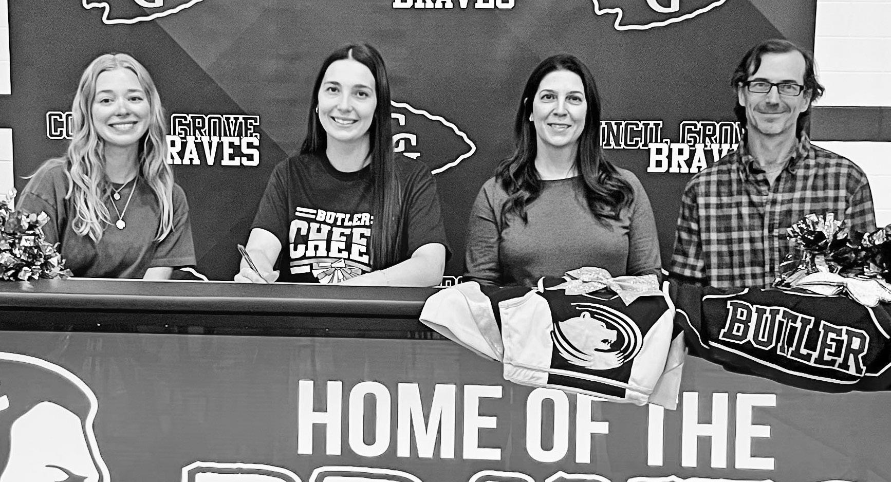 SIGNS LETTER OF INTENT -- Council Grove High School senior Giada Plummer signed a National Letter of Intent to cheer at Butler County Community College on Friday, May 8. Pictured left to right are CGHS Cheer Coach Keeley Reddick, Giada Plummer, Andrea Gal