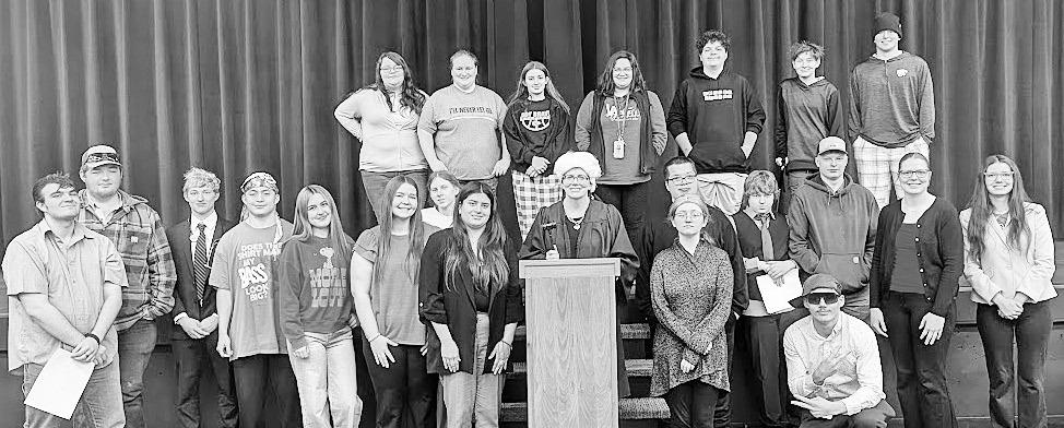 Participating in the mock trial were - Front Row (L to R): Hayden Stanford, Gus Wainwright, Blaise French, Mason Wilkens, Jaena baker, Mallory Wells, Alexis Bragawitz, Alexandra Solis, Mrs. Houck, River Kleinkauf, Jacob Sisson, Gus Penock, Cooper Askins, 