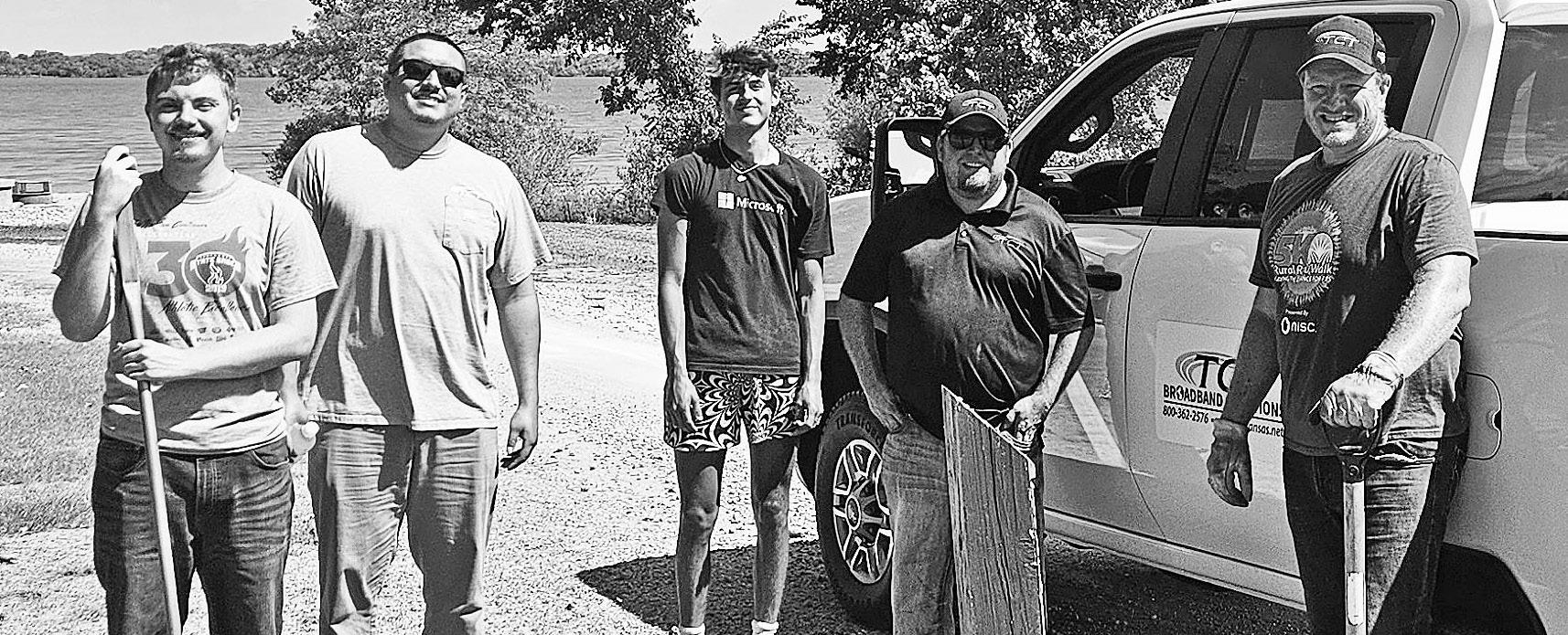 Volunteers from TCT headed to the Council Grove Reservoir on Thursday to help with cleanup. Crew members, Creighton Simecka, Jacob Torres, Kyzer Spittles, Dustin Spittles, and Jason Pettit cleared and hauled 4 trailer loads of debris from campsites at Ric