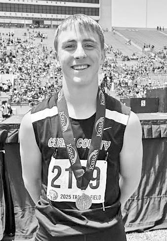 BEST 2A POLE VAULTER IN THE STATE . . .Senior Luke Budke of Chase County High School jumped 13-6 to win the 2A boys pole vault title. Photo: Sports in Kansas