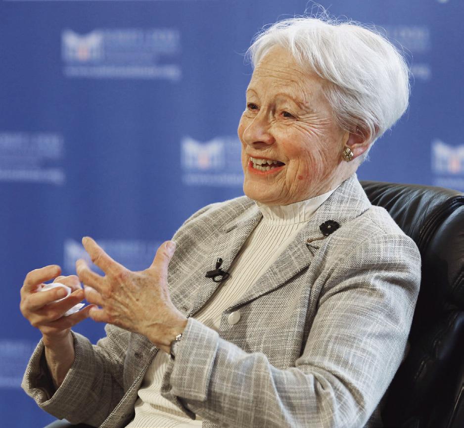 Former U.S. Sen. Nancy Kassebaum speaks to an audience at the Dole Institute of Politics at the University of Kansas in 2022. (Thad Allton for Kansas Reflector)