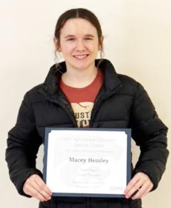 PLACES FIRST -- Council Grove High School FFA member, Macey Hensley, placed first in FFA Creek Speaking over the weekend at the KSU Ag Ed Speech Contest in Manhattan