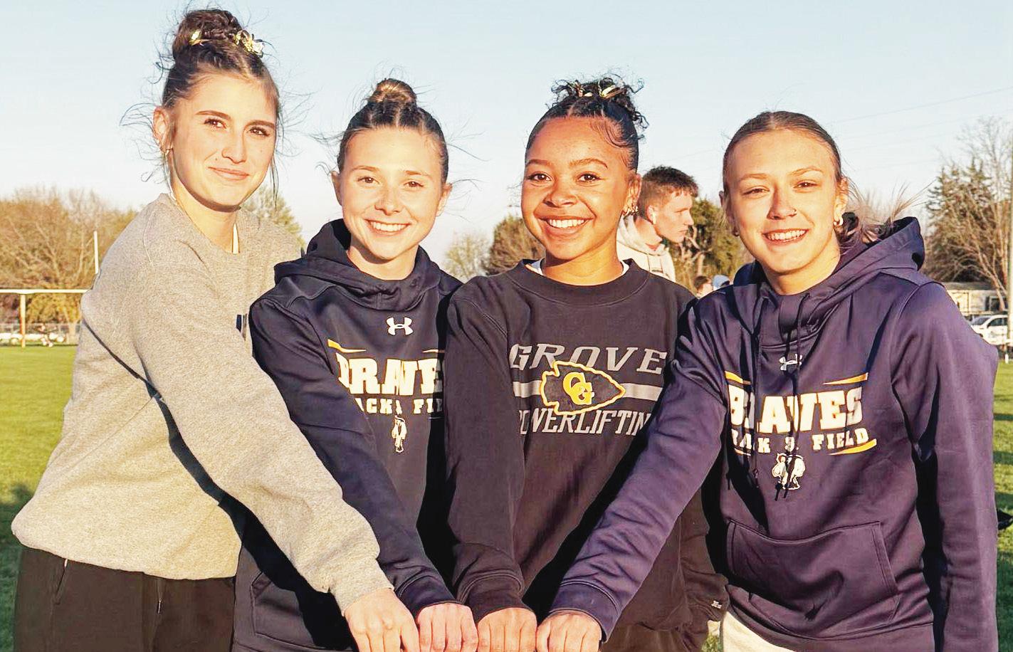 GOOD TEAMWORK . . . The Council Grove Girls 4 x 100 relay team placed 3rd at the Chapman meet yesterday. From left to right are Taegan Wilkens, Breckyn McEuen, Whitlyn Mullen and Alysia Werner.