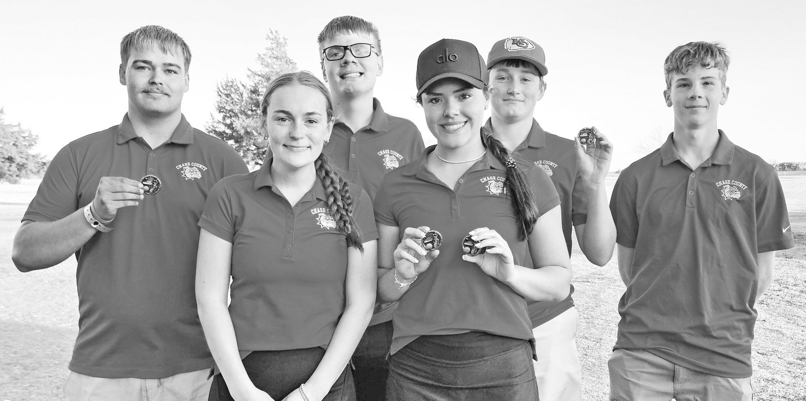 CHASE COUNTY GOLF TEAM: The Bulldogs Golf Team won the Chase Golf Tournament Thursday. Team members are- Front Row (L to R): Carys Price and Piper Vogel. Back Row: Reece Budke, Wyatt Edmunds, Connor Herrick and Caleb Dexter.
