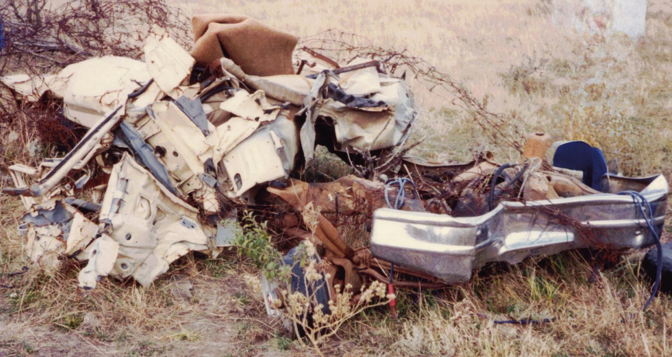 FLATTENED BY A TORNADO . . .Kevin Gant was ejected from his 3/4 ton heavy duty pickup by a tornado on June 8, 1995. His truck continued on another 1/8 mile where it landed in a heap.