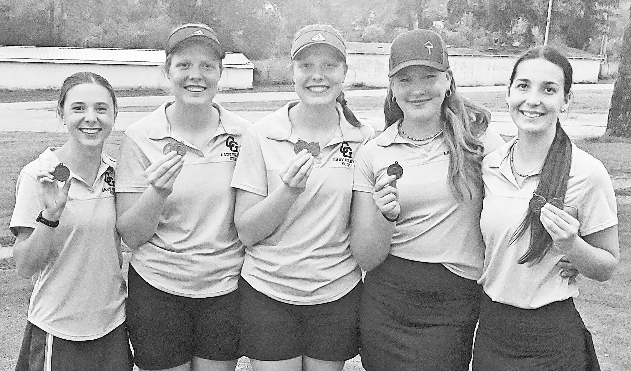 WIN EUREKA INVITATIONAL -- The Council Grove High School Lady Braves golf team took first place yesterday at the Eureka Invitational Golf Meet. Pictured are (L to R): Breckyn McEuen, Haylie Grant, Makenzie Grant, Taylor Tiffany and Giada Plummer.