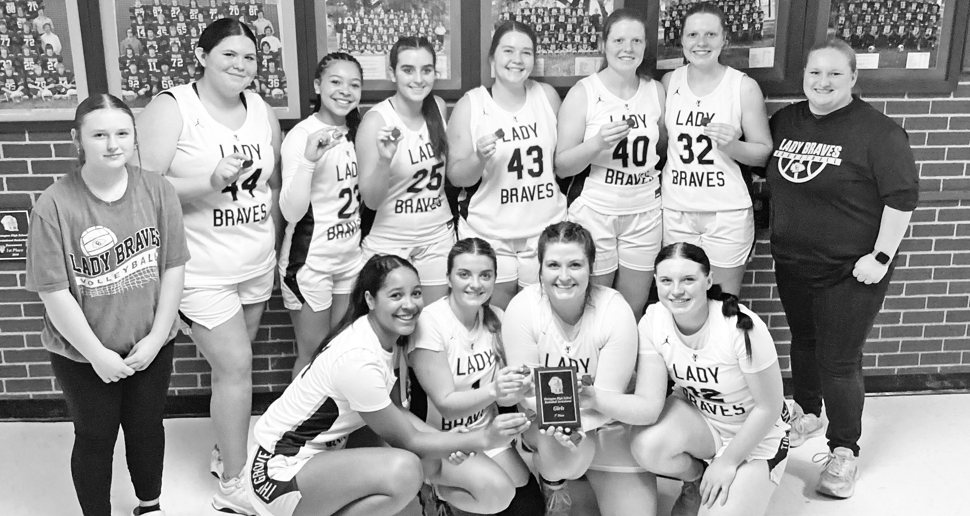 LADY BRAVES, 5-14, SEEDED SIXTEENTH -- The Council Grove High School girls are the No. 16 seed in the Class 3A Sub-State Basketball Tournament. They will travel to No. 1 Hesston Thursday, with action to begin at 7 p.m. Pictured are Front Row (L-R): Casaii