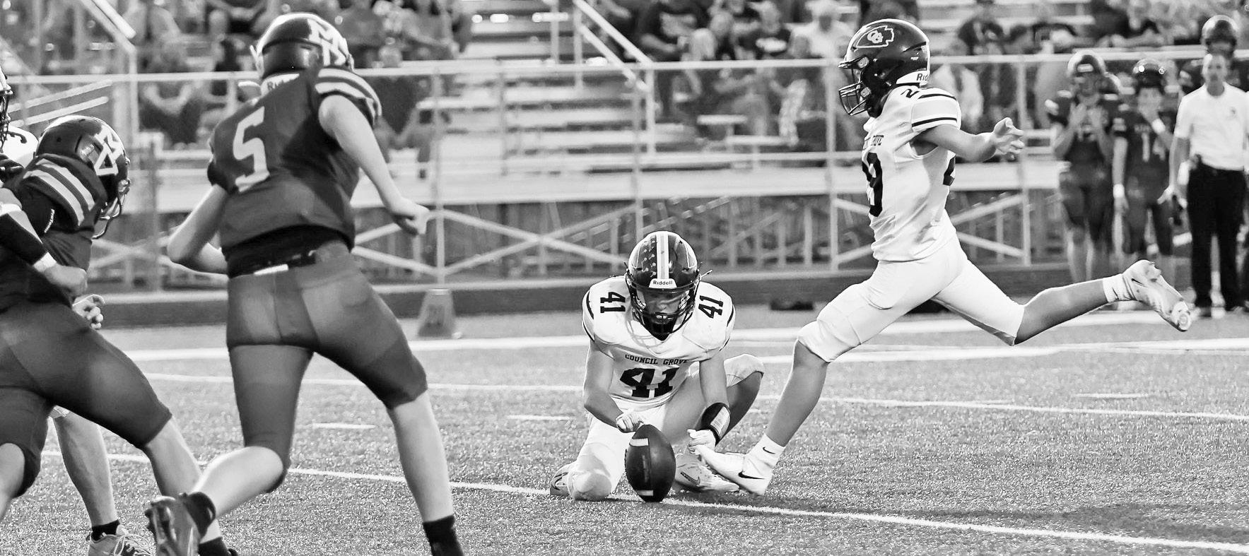 THE CG BRAVES KICKING GAME IS BACK -- Carter Bremer completed 5 out of 6 extra point attempts in the Friday night game against Mission Valley. His average kick was 32.4 yards long. (Photo by Brandy Villalobos)