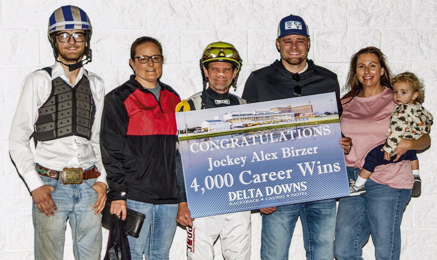Jockey Alex Birzer and 4-year-old gelding Big Duck, owned by Bonnie Birzer’s Spooky Business Stable won big Friday evening at Delta Downs, in Vinton, Louisiana. Birzer also celebrated his 4,000th career win. Pictured right to left are The Birzer family 