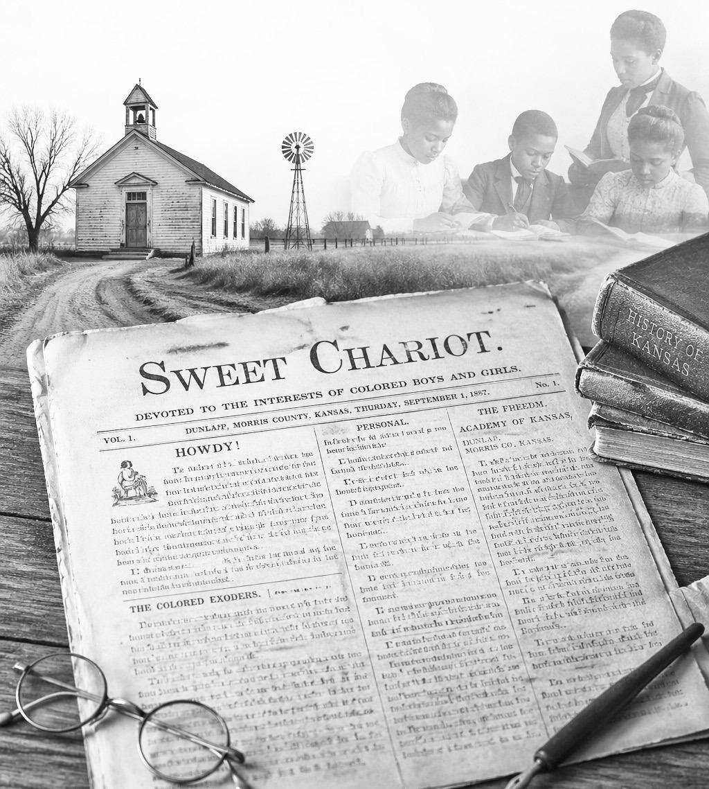 “This illustration blends elements of the 1887 “Sweet Chariot” newspaper with imagery representing daily life, education, and frontier conditions in Dunlap.”