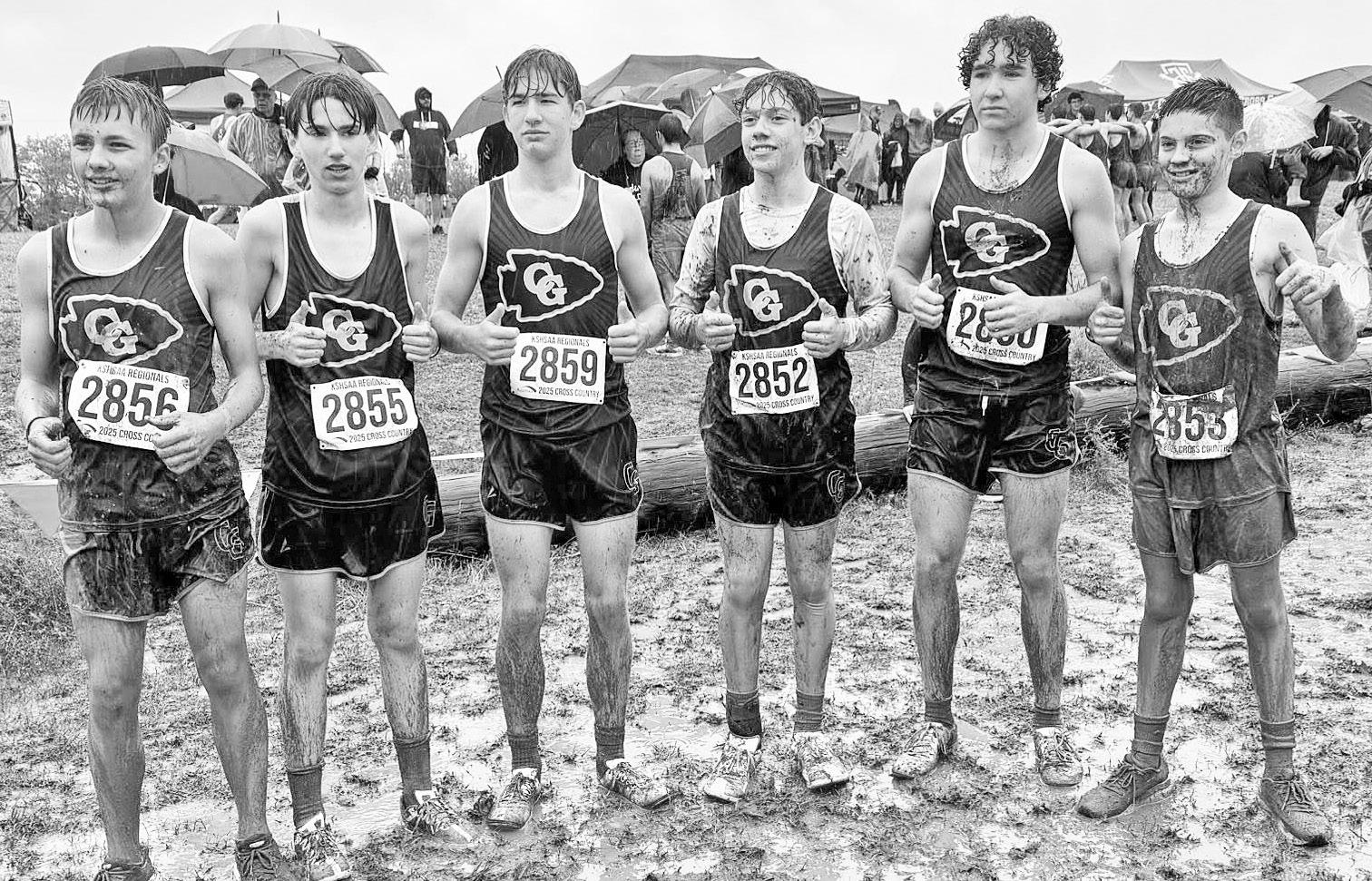 The Braves cross country team encountered a muddy course experience on Saturday that will likely be remembered for many years to come. Left to right are: Brayden Jarvis, Hayden Horton, Brody Nelson, Carter Bremer, Jayden Picolet, Aaron Crotts. Photo: Lisa