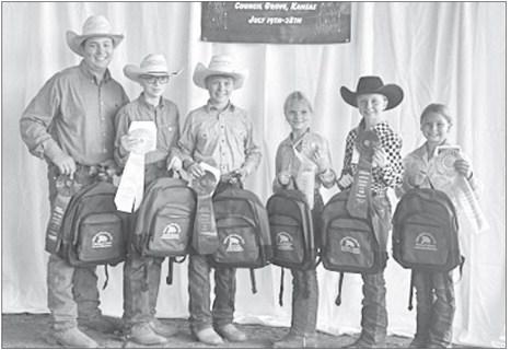 CELEBRATING . . . Champion Horse Showmanship 4-H awards left to right; Logan Hickey, Ronnie Mayer, Culter Kasten, Beatty Mayer, Paisley Yadon and Irie Carson