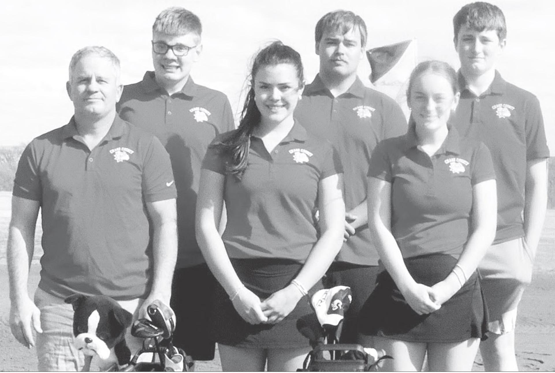 BULLDOGS GOLF — The 2025 Chase County Golf team launches its season next week. Pictured, back row, left to right, are Wyatt Edmunds (So), Reece Budke (Sr), Connor Herrick (Fr), front row: Coach Brian Budke, Piper Vogel (Sr), and Carys Price (Sr). Not pi