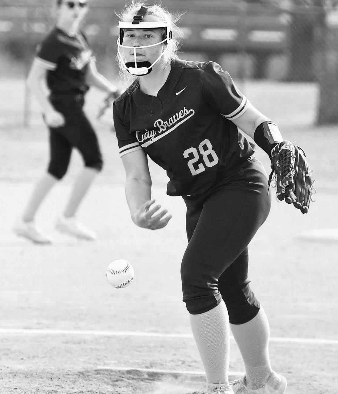 Lady Braves sophomore Lilly Wirtz struck out six in four innings at the circle during Thursdays junior varsity softball doubleheader with the Osage City. Council Grove split with the Lady Indians. (Photo by Amber Weeks)