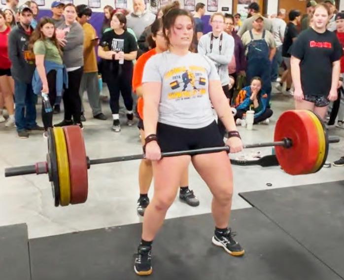 TYING THE MEET RECORD IN CLEAN . . . Mikayla Hutchinson impressed by tying the meet record in clean and placing 1st overall at the Royal Valley Powerlifting meet in Hoyt.